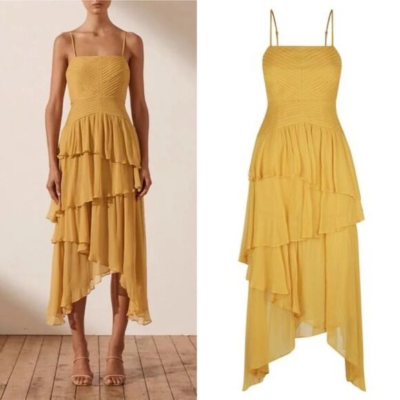 NEW Shona Joy Iris Pin Tuck Frill Midi Dress in Saffron Yellow Size 8 AUS 12 NWT - Picture 1 of 12